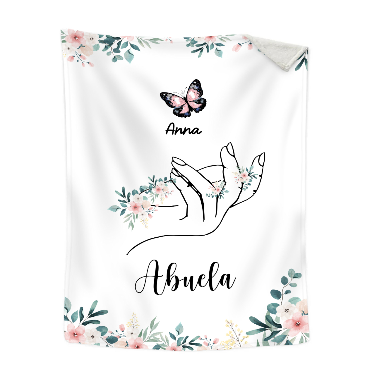 A mi abuela/mamá-Manta de buen calidad mano y mariposa personalizada con 1 nombre y texto | Jessemade