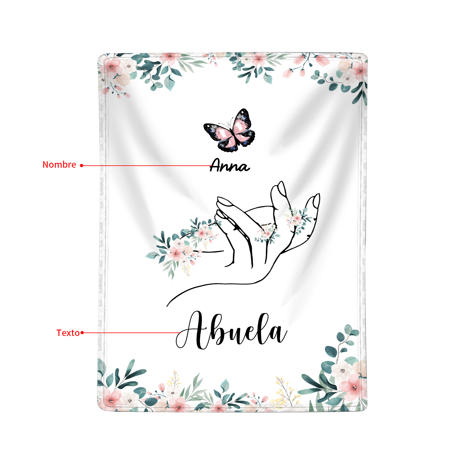 A mi abuela/mamá-Manta de buen calidad mano y mariposa personalizada con 1 nombre y texto | Jessemade