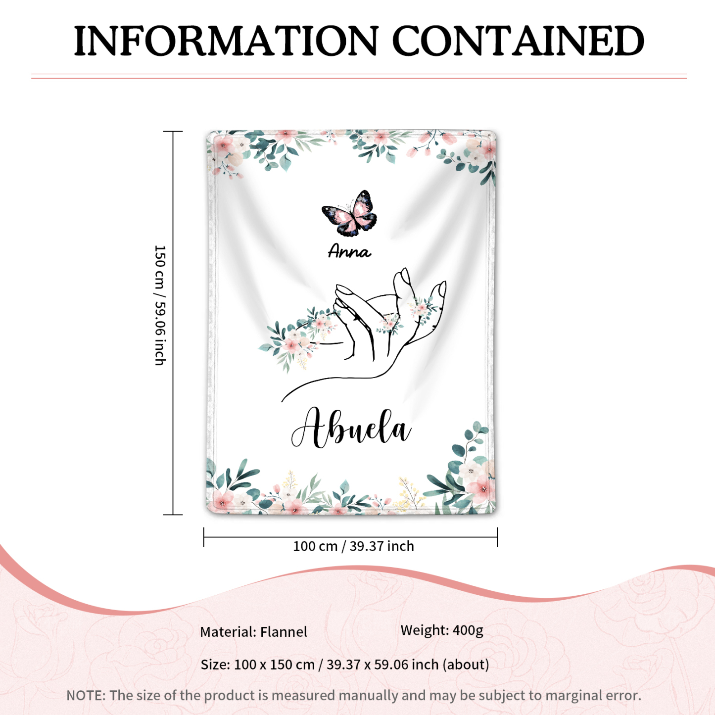 A mi abuela/mamá-Manta de buen calidad mano y mariposa personalizada con 1 nombre y texto | Jessemade