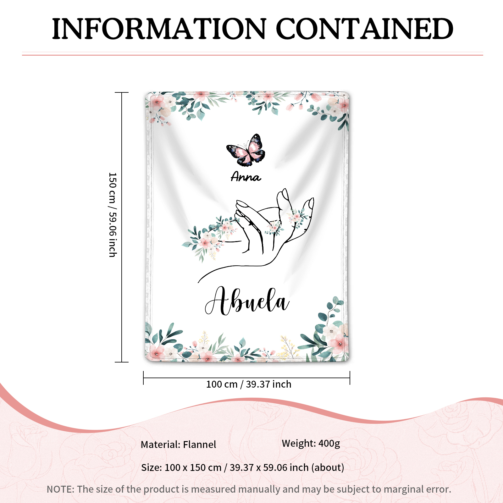 A mi abuela/mamá-Manta de buen calidad mano y mariposa personalizada con 1 nombre y texto | Jessemade