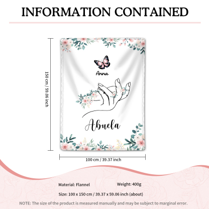 A mi abuela/mamá-Manta de buen calidad mano y mariposa personalizada con 1 nombre y texto | Jessemade