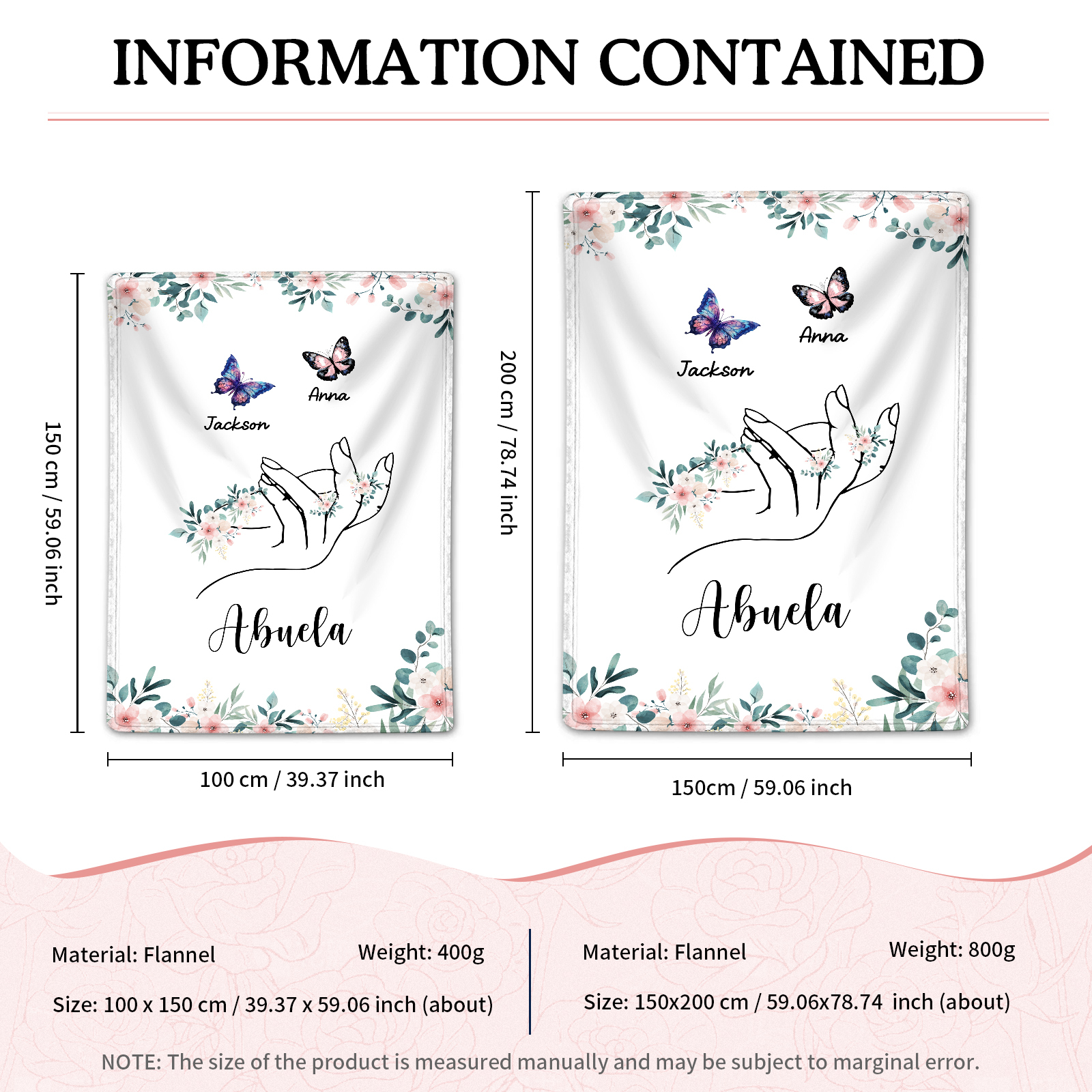 A mi abuela/mamá-Manta de buen calidad mano y mariposas personalizada con 2 nombres y texto | Jessemade