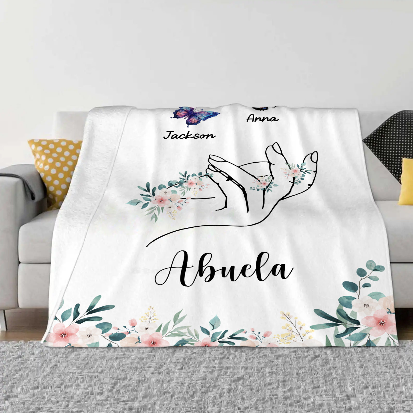 A mi abuela/mamá-Manta de buen calidad mano y mariposas personalizada con 2 nombres y texto | Jessemade