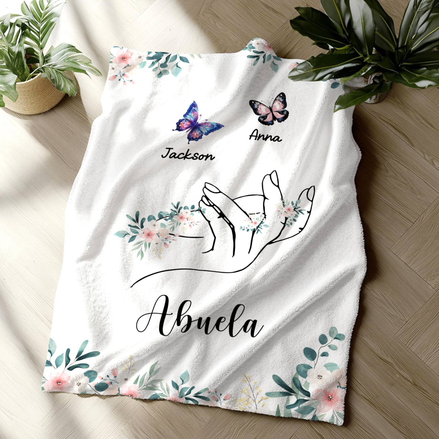 A mi abuela/mamá-Manta de buen calidad mano y mariposas personalizada con 2 nombres y texto | Jessemade