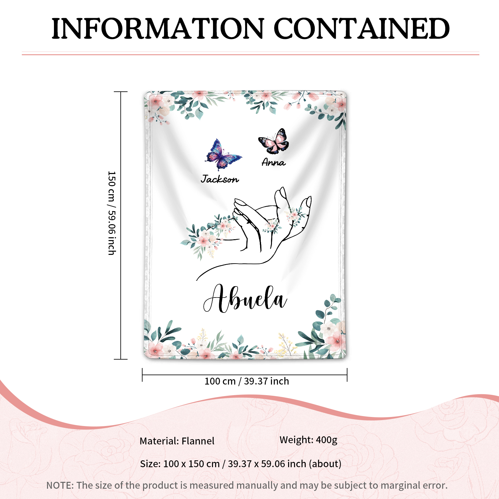 A mi abuela/mamá-Manta de buen calidad mano y mariposas personalizada con 2 nombres y texto | Jessemade