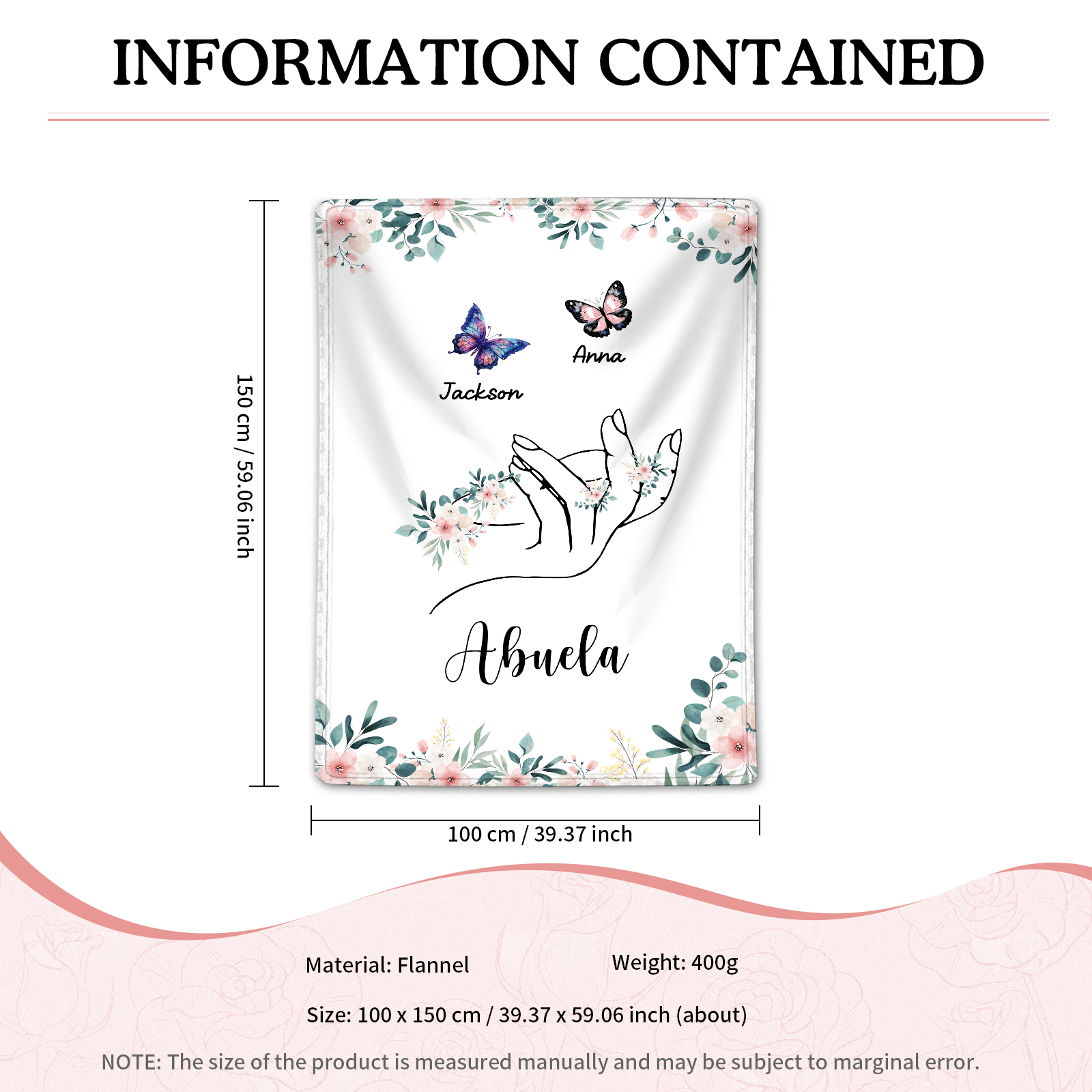 A mi abuela/mamá-Manta de buen calidad mano y mariposas personalizada con 2 nombres y texto | Jessemade