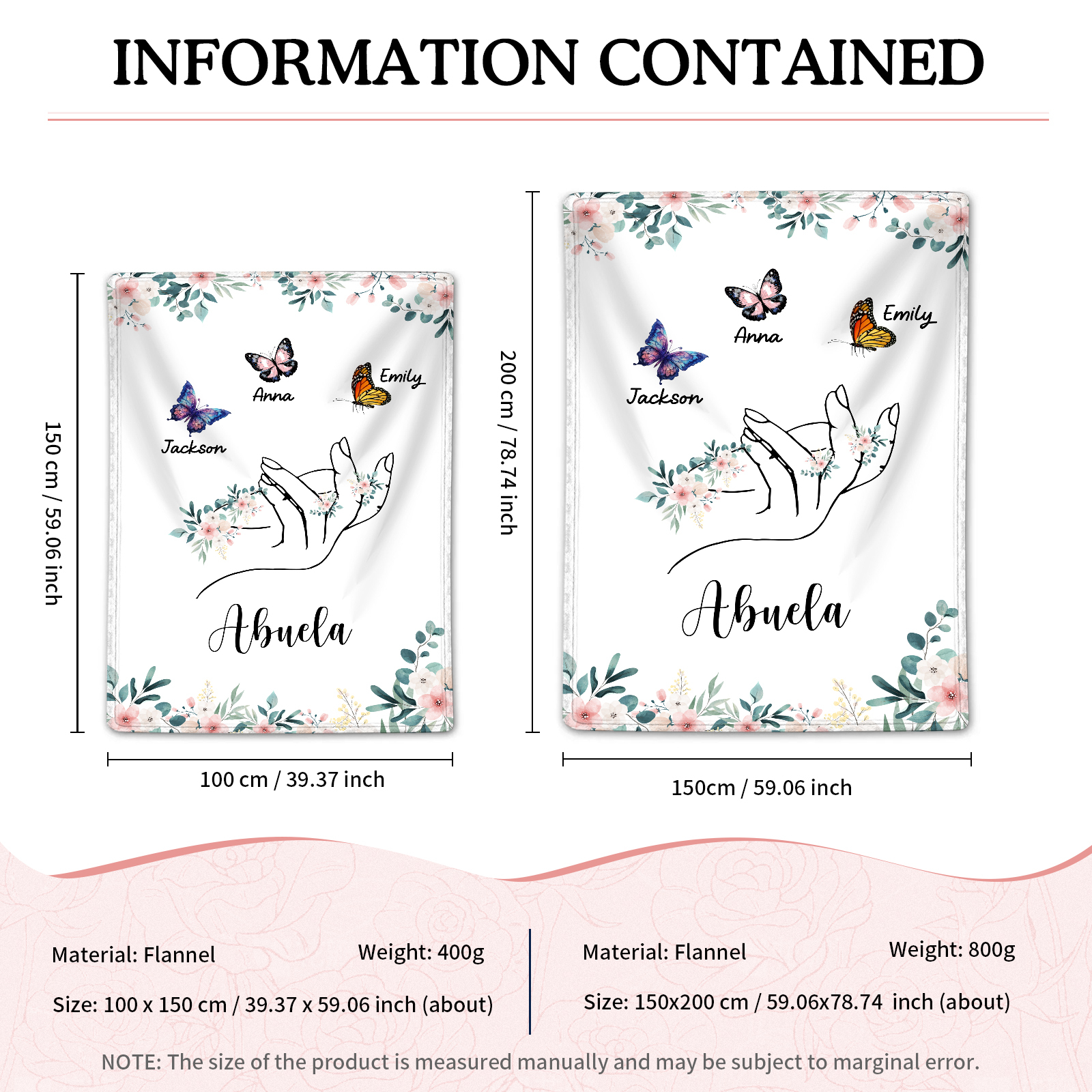 A mi abuela/mamá-Manta de buen calidad mano y mariposas personalizada con 3 nombres y texto | Jessemade