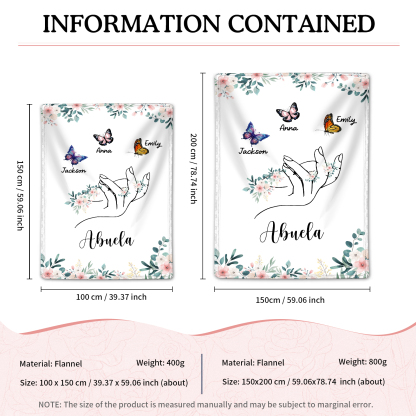 A mi abuela/mamá-Manta de buen calidad mano y mariposas personalizada con 3 nombres y texto | Jessemade
