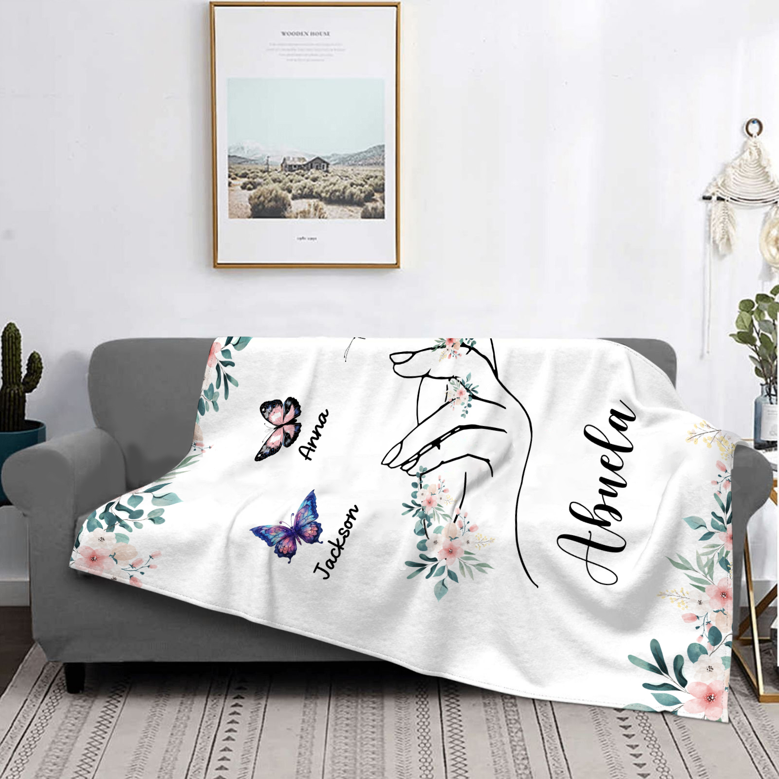 A mi abuela/mamá-Manta de buen calidad mano y mariposas personalizada con 3 nombres y texto | Jessemade
