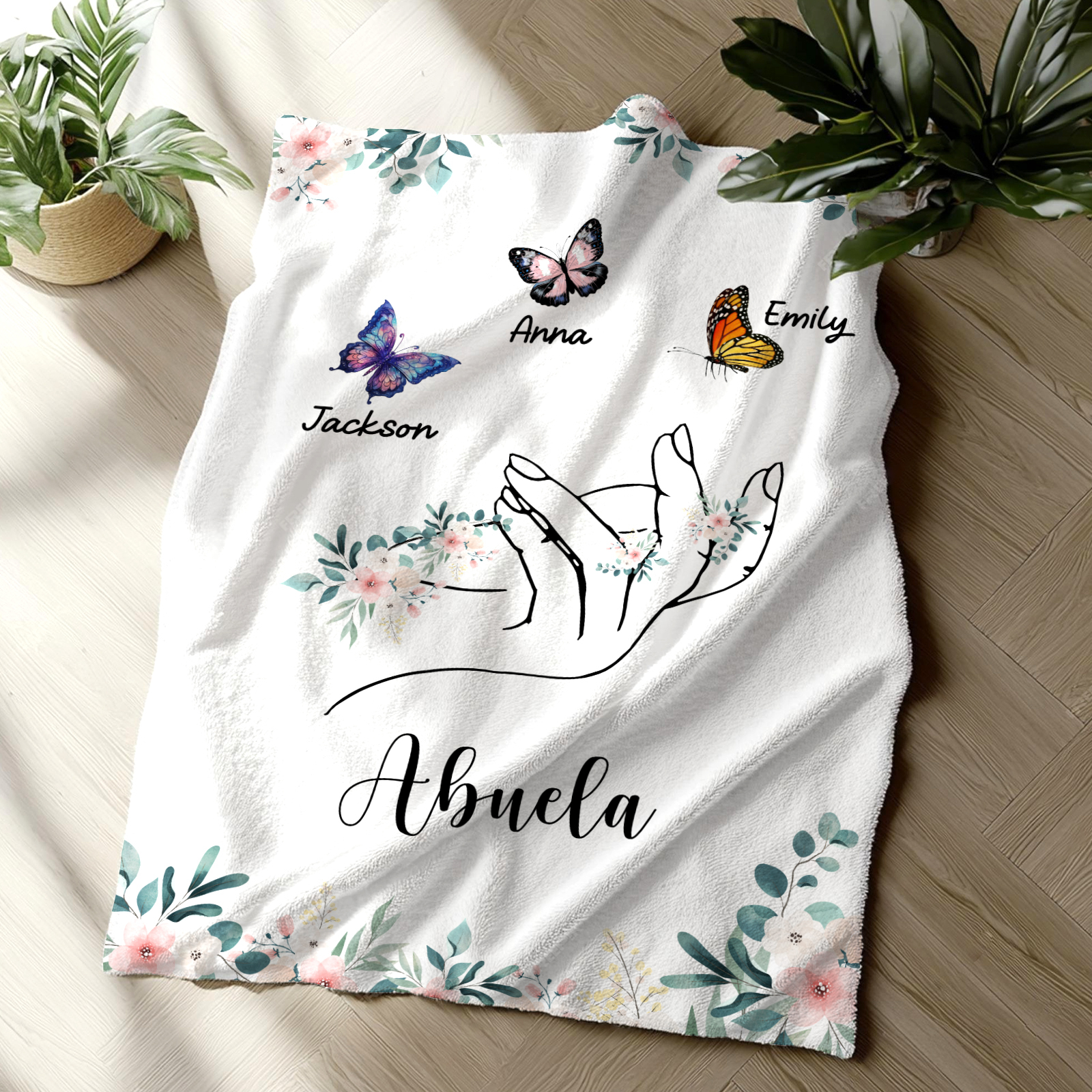A mi abuela/mamá-Manta de buen calidad mano y mariposas personalizada con 3 nombres y texto | Jessemade