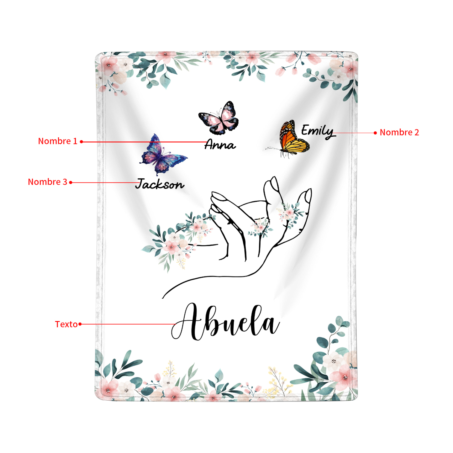 A mi abuela/mamá-Manta de buen calidad mano y mariposas personalizada con 3 nombres y texto | Jessemade