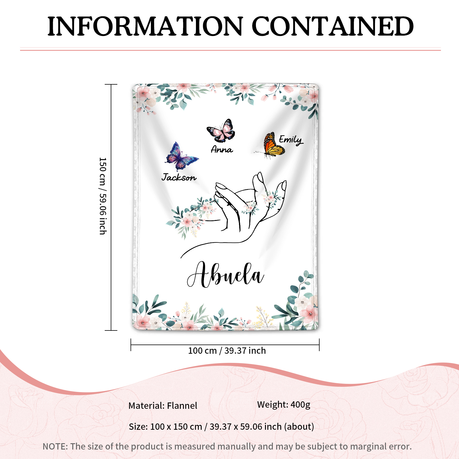 A mi abuela/mamá-Manta de buen calidad mano y mariposas personalizada con 3 nombres y texto | Jessemade