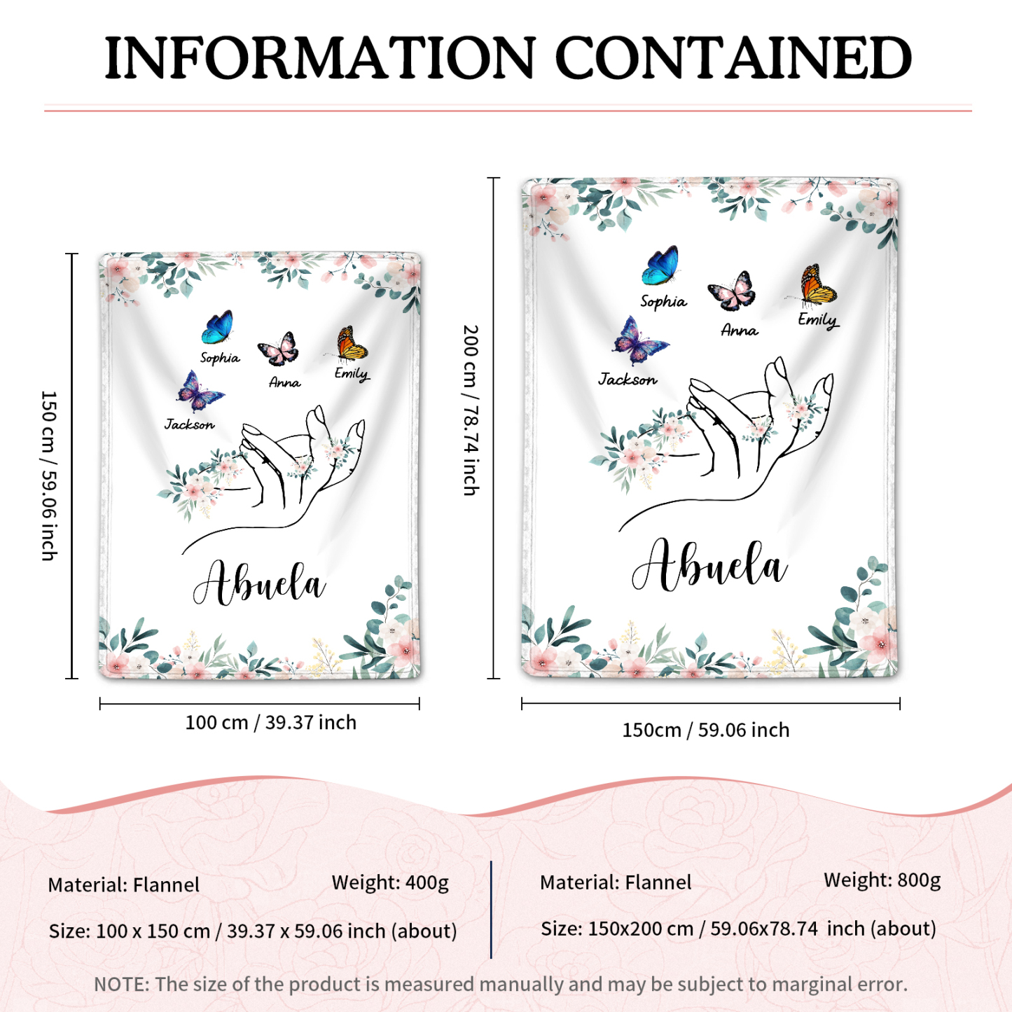 A mi abuela/mamá-Manta de buen calidad mano y mariposas personalizada con 4 nombres y texto | Jessemade