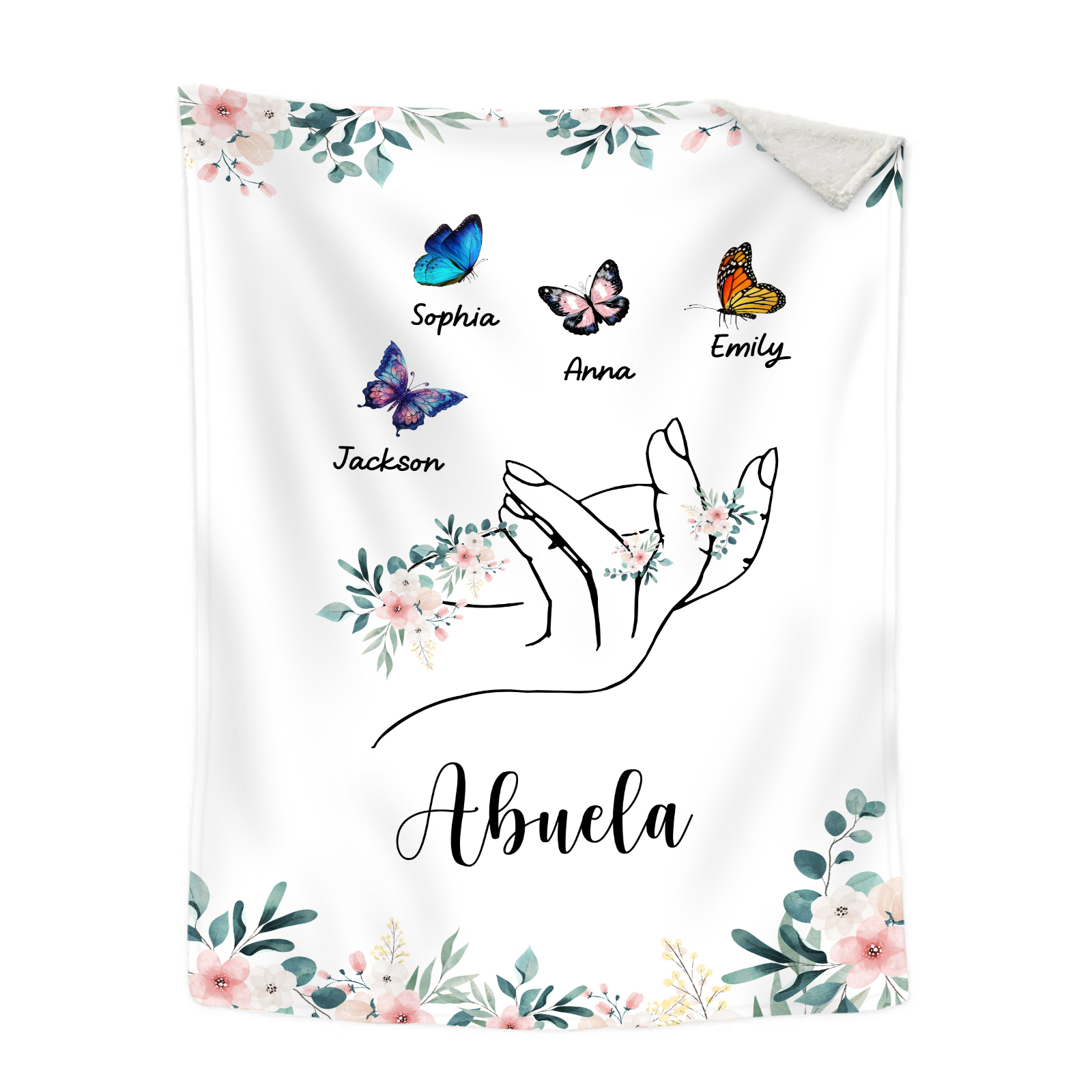 A mi abuela/mamá-Manta de buen calidad mano y mariposas personalizada con 4 nombres y texto | Jessemade