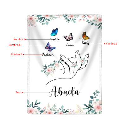 A mi abuela/mamá-Manta de buen calidad mano y mariposas personalizada con 4 nombres y texto | Jessemade