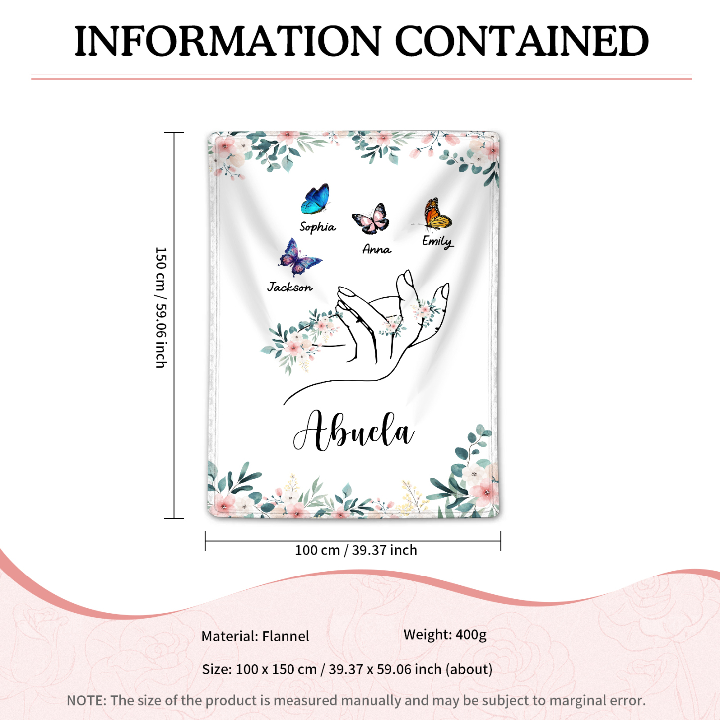 A mi abuela/mamá-Manta de buen calidad mano y mariposas personalizada con 4 nombres y texto | Jessemade