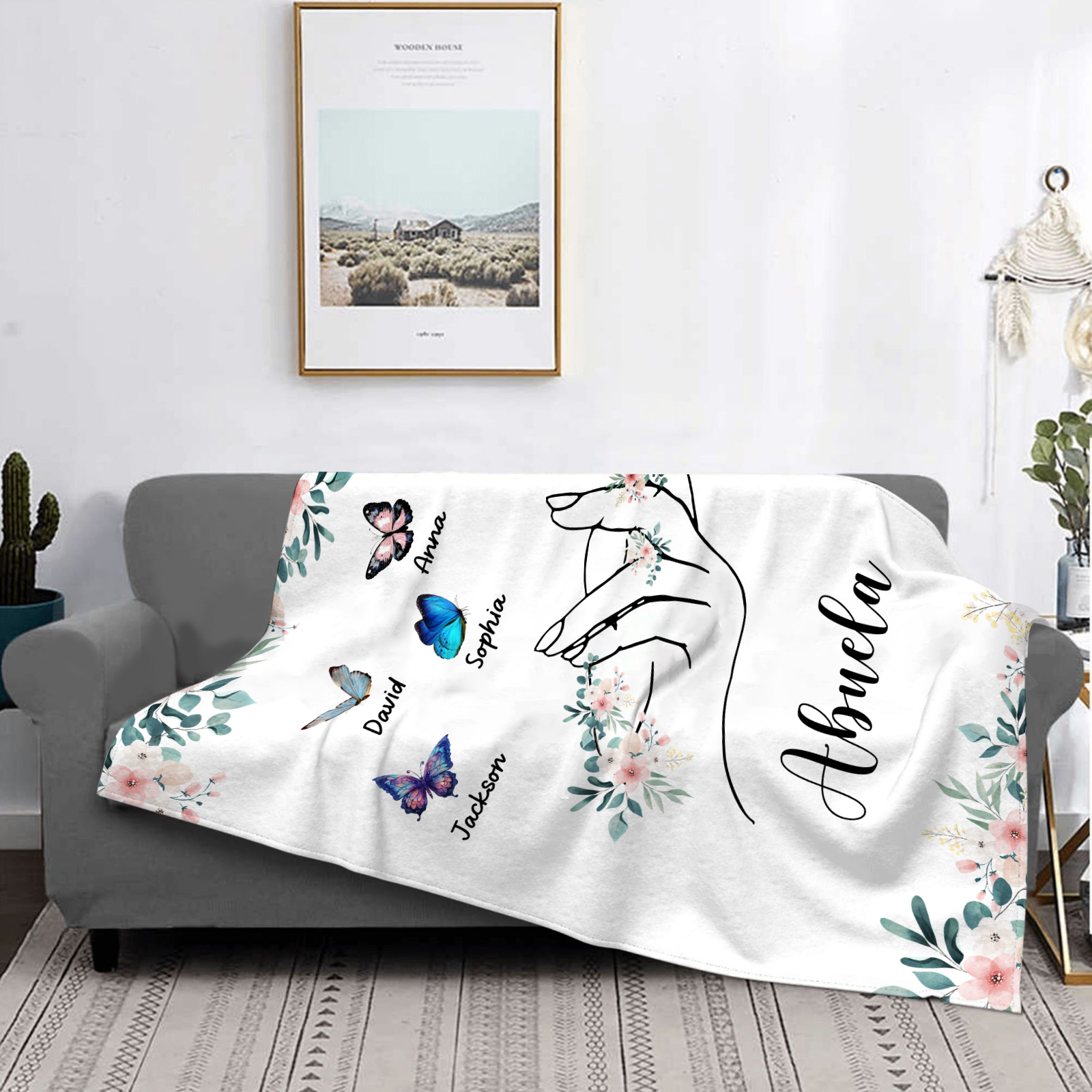 A mi abuela/mamá-Manta de buen calidad mano y mariposas personalizada con 5 nombres y texto | Jessemade