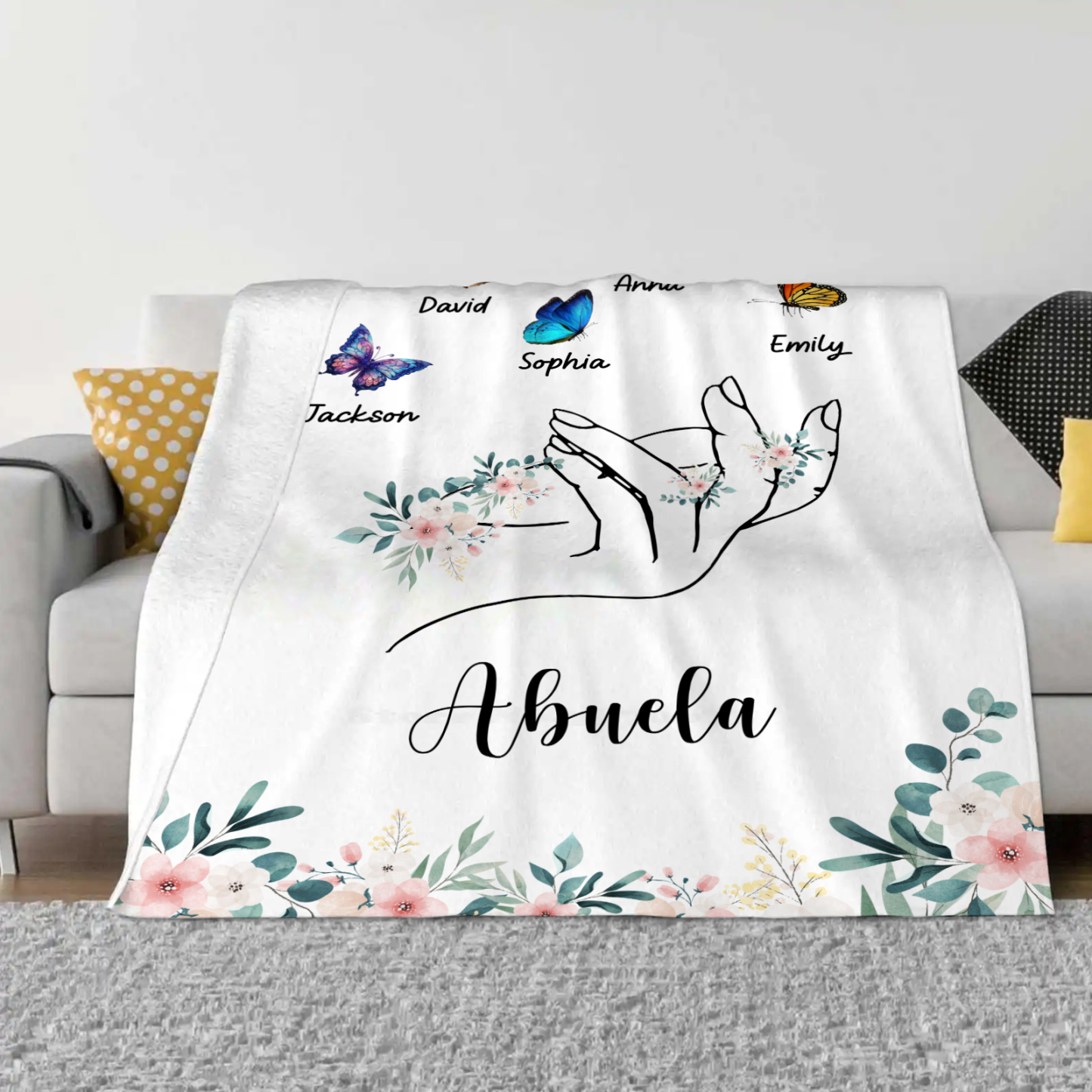 A mi abuela/mamá-Manta de buen calidad mano y mariposas personalizada con 5 nombres y texto | Jessemade