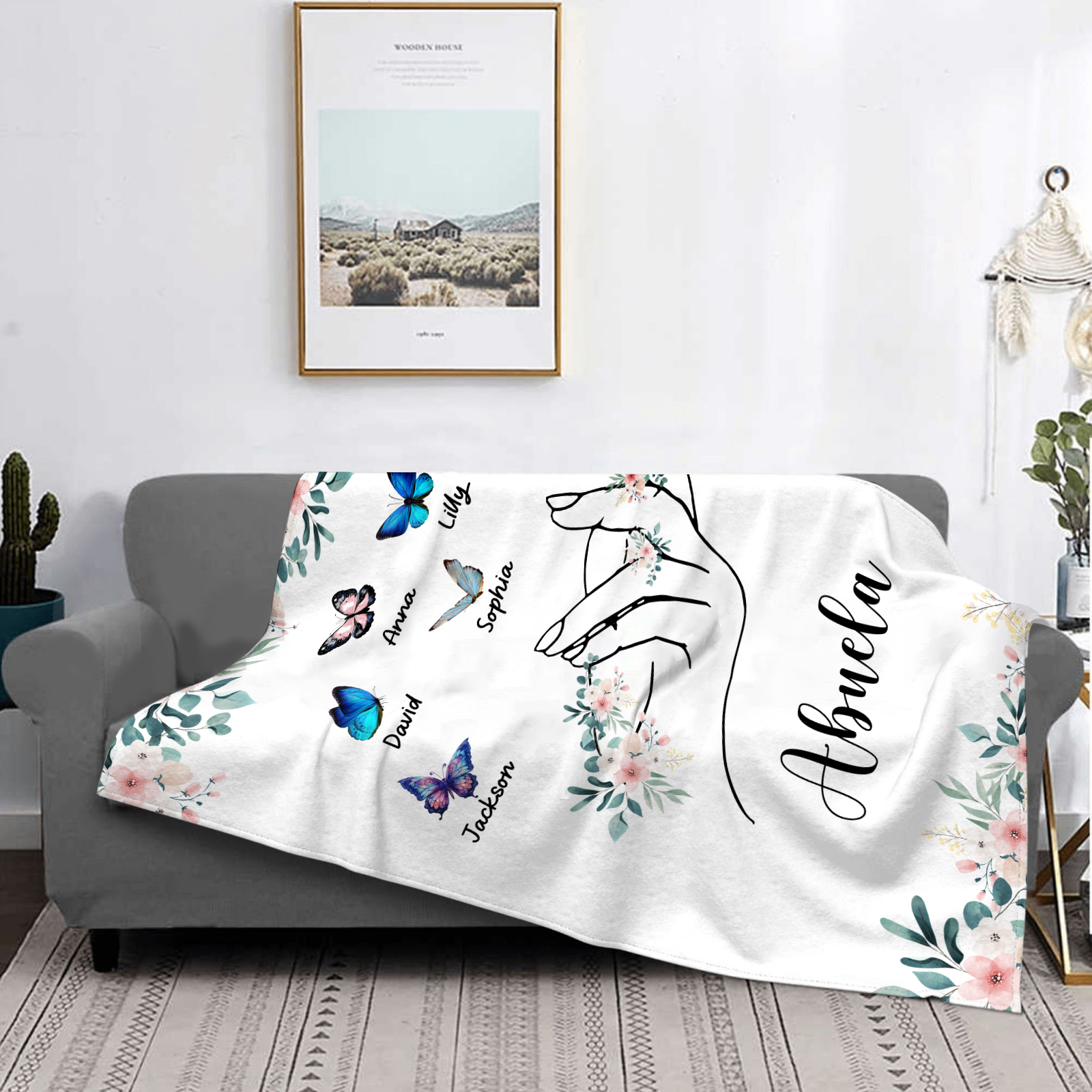 A mi abuela/mamá-Manta de buen calidad mano y mariposas personalizada con 6 nombres y texto | Jessemade