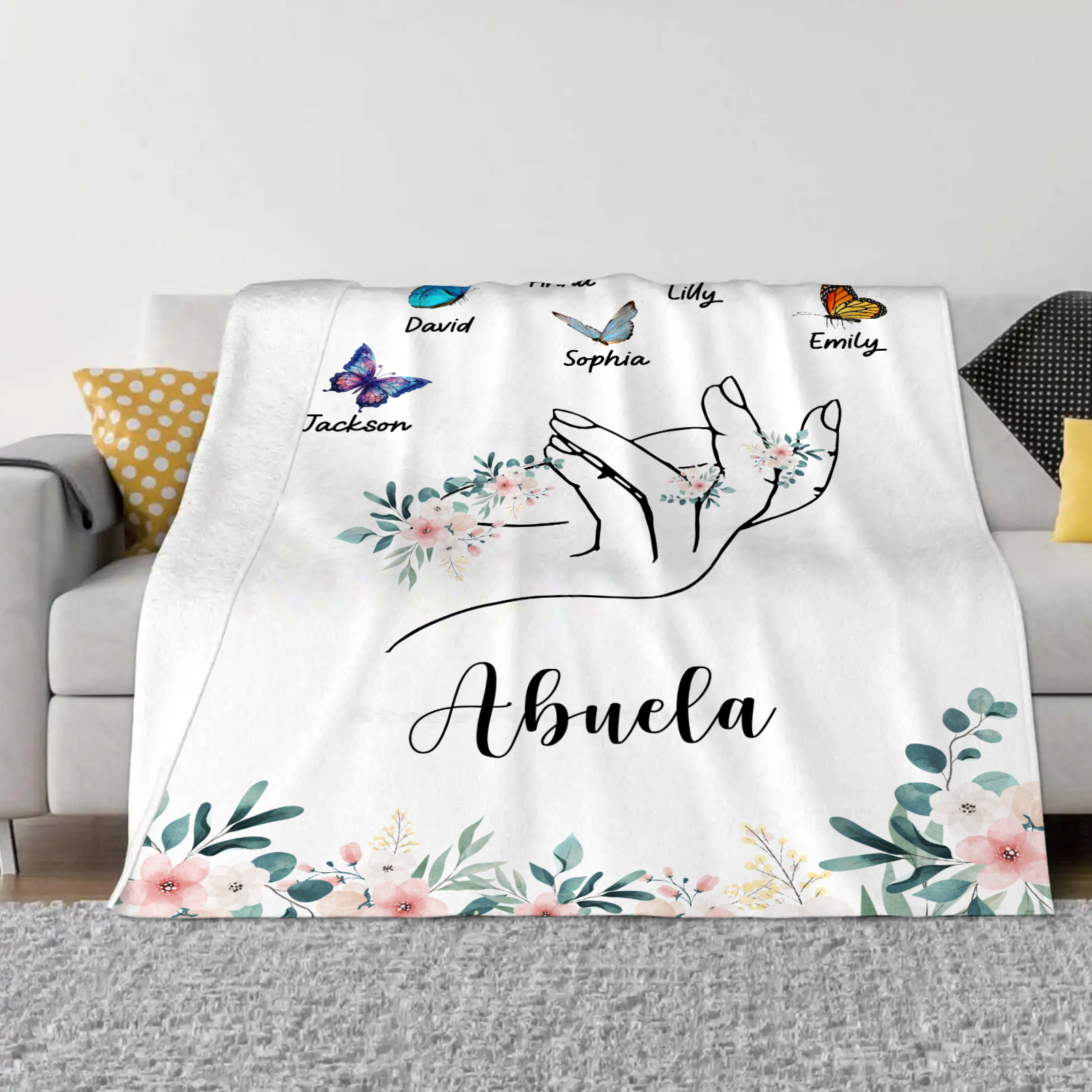 A mi abuela/mamá-Manta de buen calidad mano y mariposas personalizada con 6 nombres y texto | Jessemade