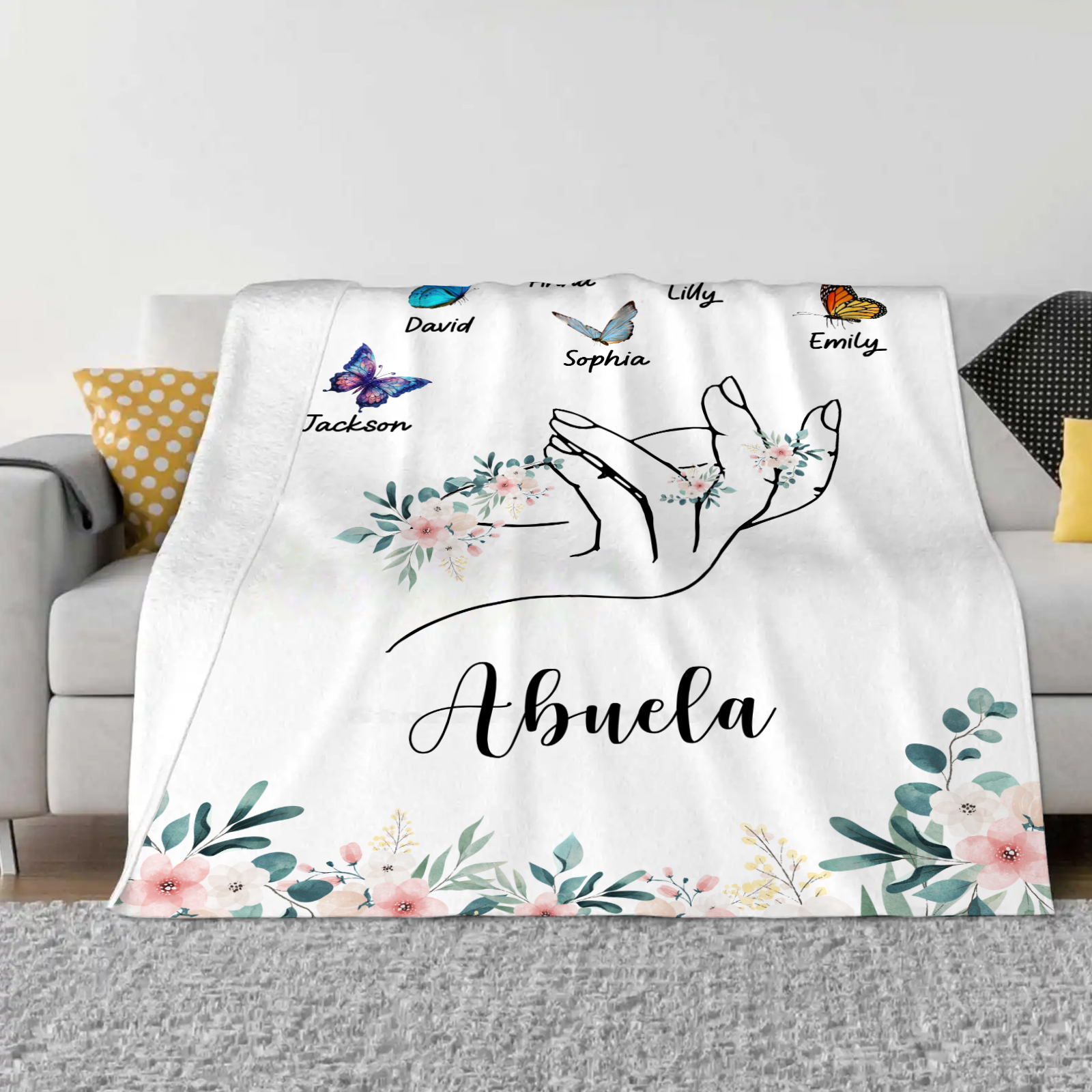 A mi abuela/mamá-Manta de buen calidad mano y mariposas personalizada con 6 nombres y texto | Jessemade