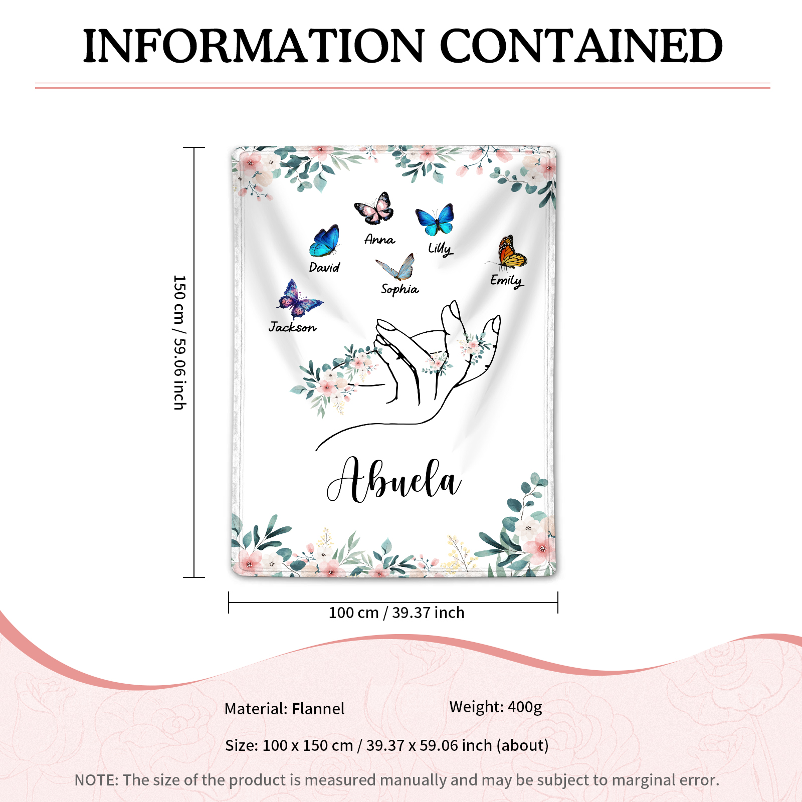 A mi abuela/mamá-Manta de buen calidad mano y mariposas personalizada con 6 nombres y texto | Jessemade