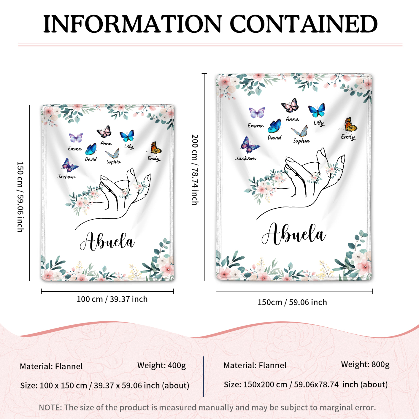 A mi abuela/mamá-Manta de buen calidad mano y mariposas personalizada con 7 nombres y texto | Jessemade