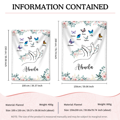 A mi abuela/mamá-Manta de buen calidad mano y mariposas personalizada con 7 nombres y texto | Jessemade