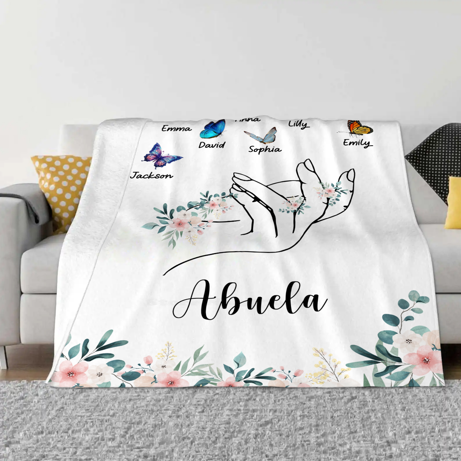 A mi abuela/mamá-Manta de buen calidad mano y mariposas personalizada con 7 nombres y texto | Jessemade