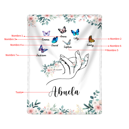 A mi abuela/mamá-Manta de buen calidad mano y mariposas personalizada con 7 nombres y texto | Jessemade