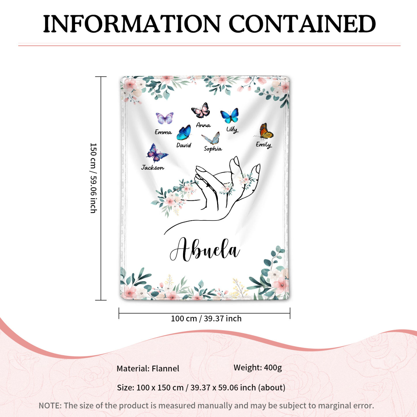 A mi abuela/mamá-Manta de buen calidad mano y mariposas personalizada con 7 nombres y texto | Jessemade