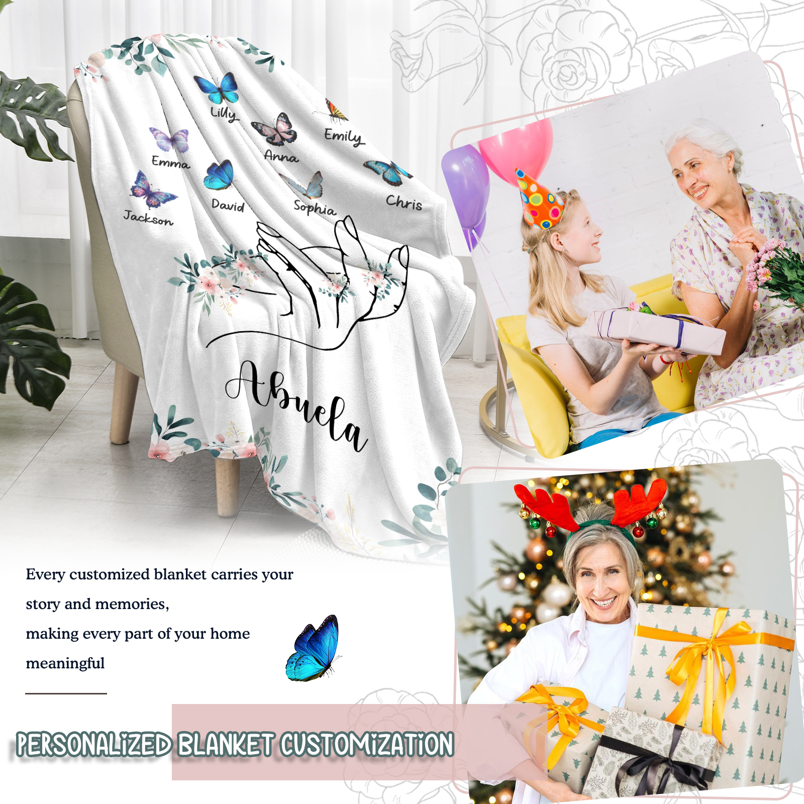 A mi abuela/mamá-Manta de buen calidad mano y mariposas personalizada con 8 nombres y texto | Jessemade