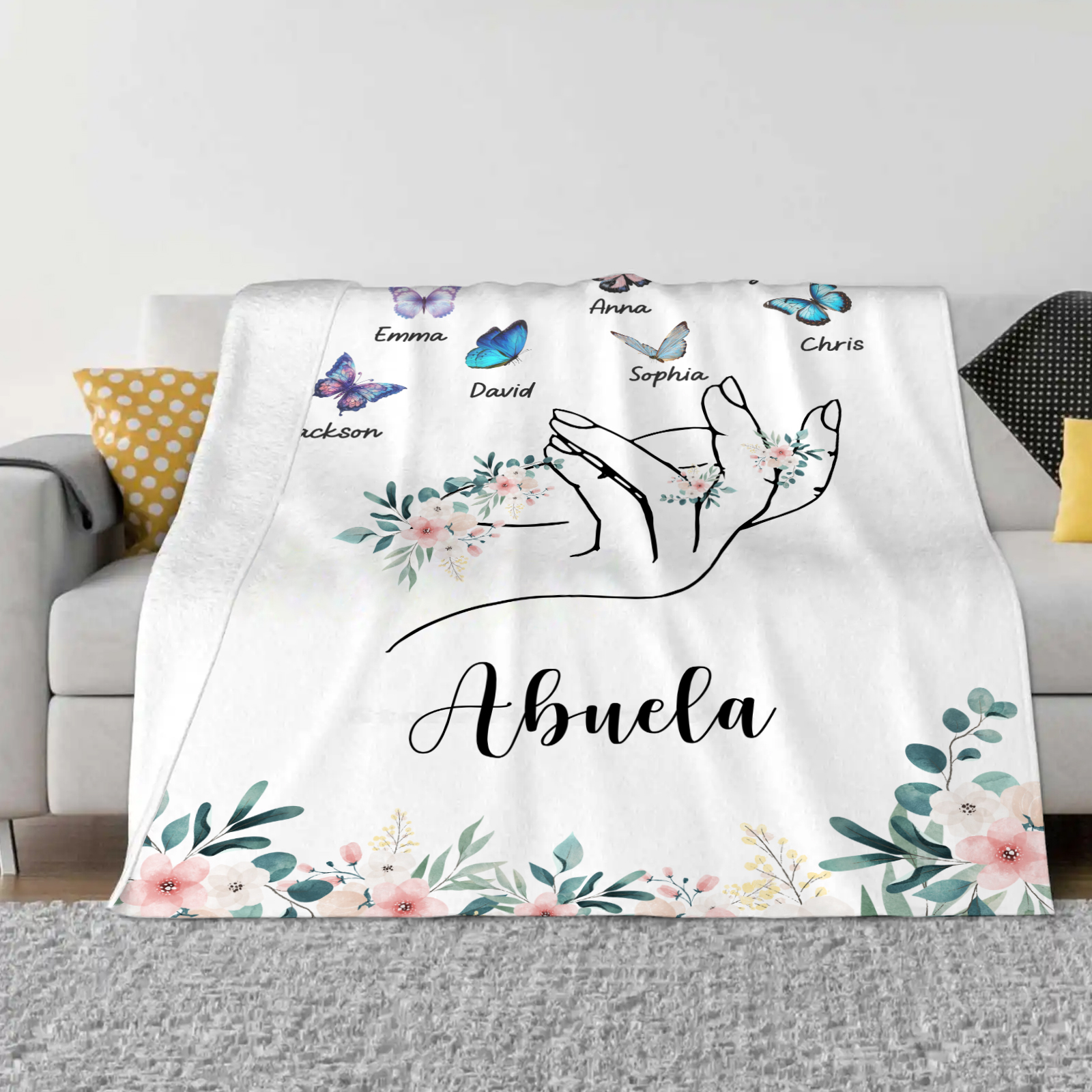 A mi abuela/mamá-Manta de buen calidad mano y mariposas personalizada con 8 nombres y texto | Jessemade