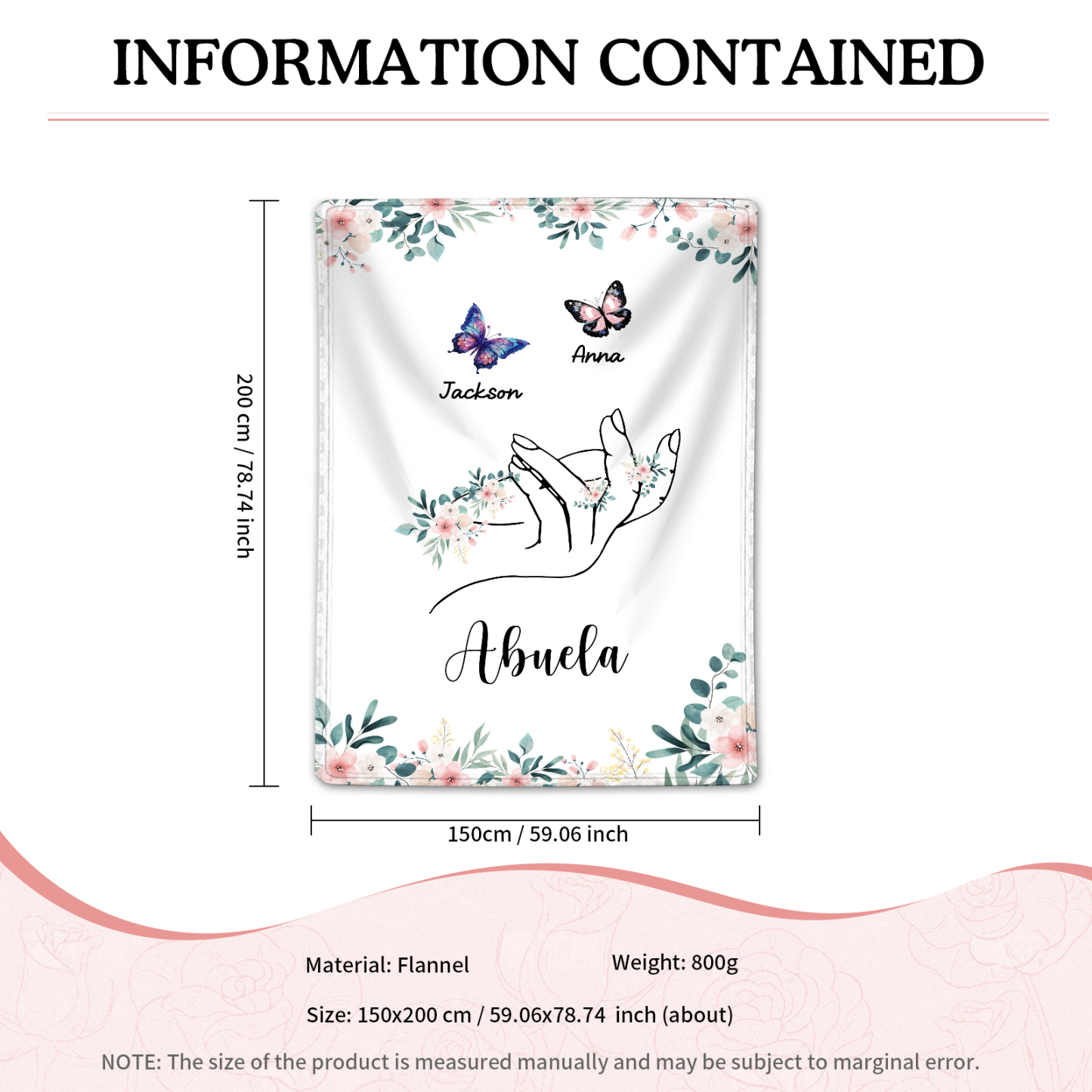 A mi abuela/mamá-Manta de buen calidad mano y mariposas personalizada con 2 nombres y texto | Jessemade