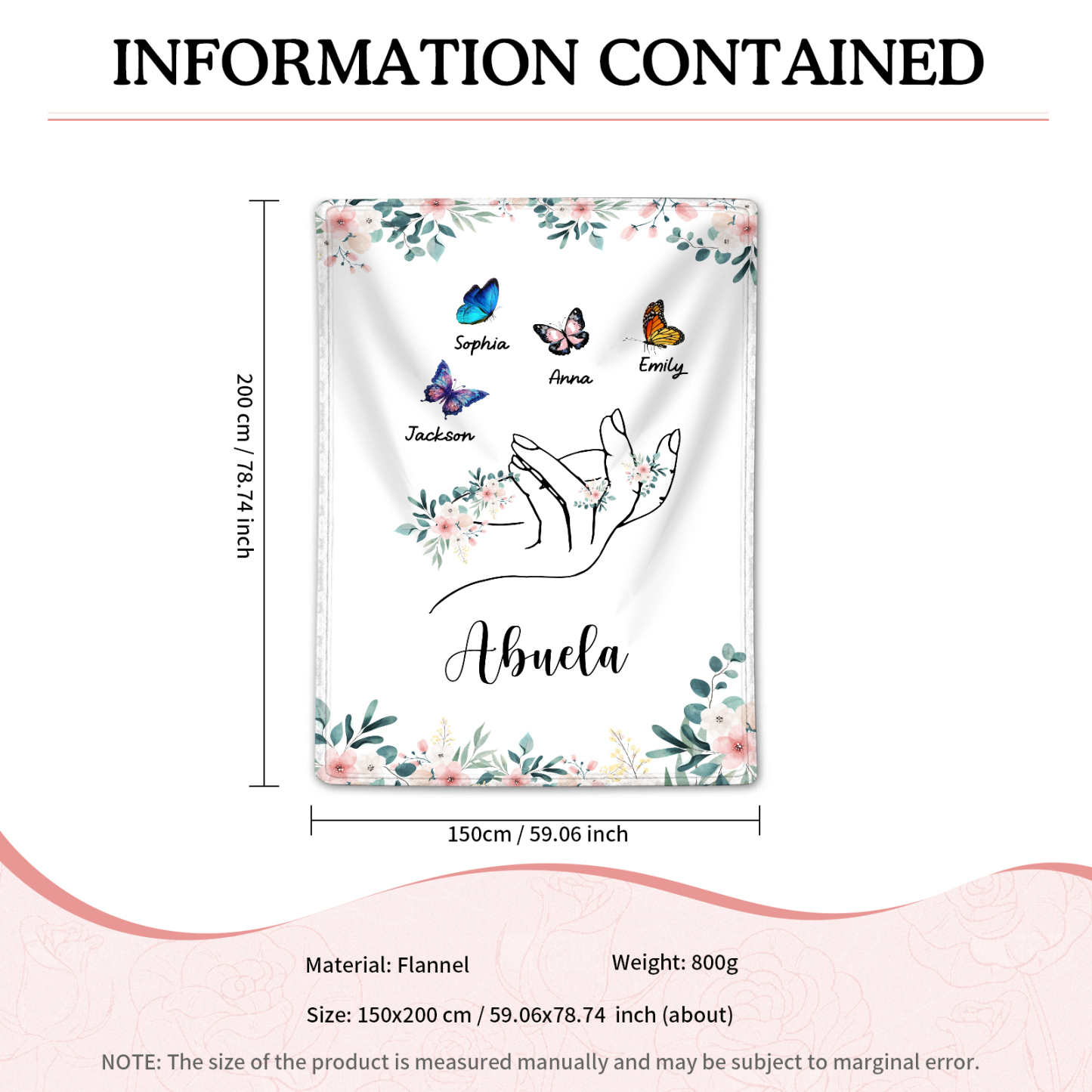 A mi abuela/mamá-Manta de buen calidad mano y mariposas personalizada con 4 nombres y texto | Jessemade