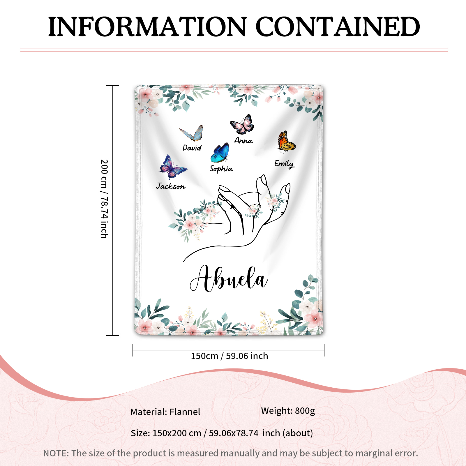 A mi abuela/mamá-Manta de buen calidad mano y mariposas personalizada con 5 nombres y texto | Jessemade