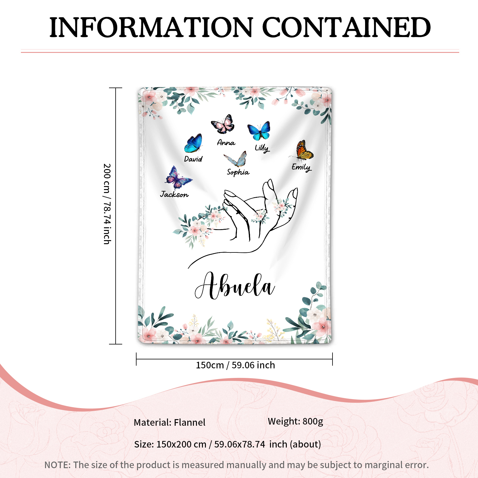 A mi abuela/mamá-Manta de buen calidad mano y mariposas personalizada con 6 nombres y texto | Jessemade