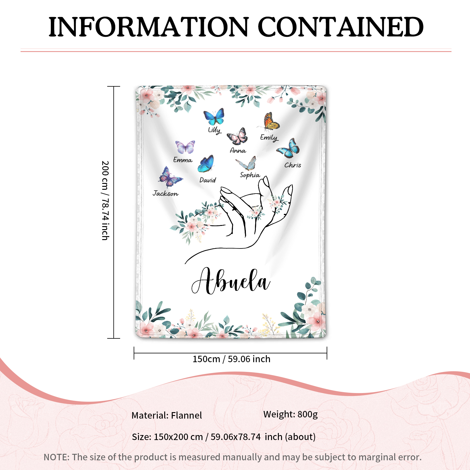 A mi abuela/mamá-Manta de buen calidad mano y mariposas personalizada con 8 nombres y texto | Jessemade