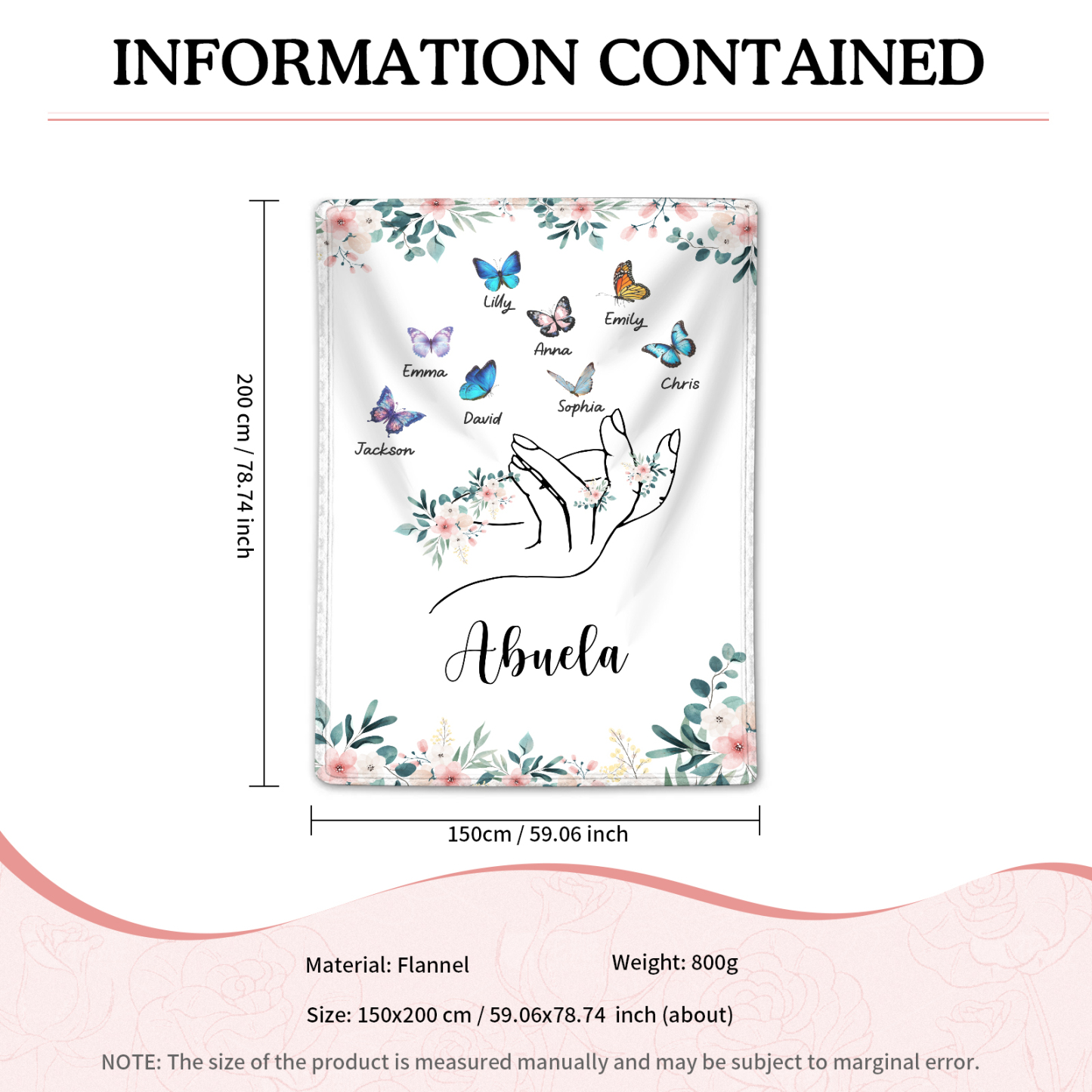 A mi abuela/mamá-Manta de buen calidad mano y mariposas personalizada con 8 nombres y texto | Jessemade