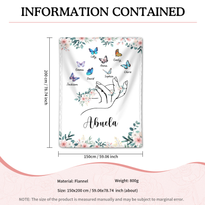 A mi abuela/mamá-Manta de buen calidad mano y mariposas personalizada con 8 nombres y texto | Jessemade