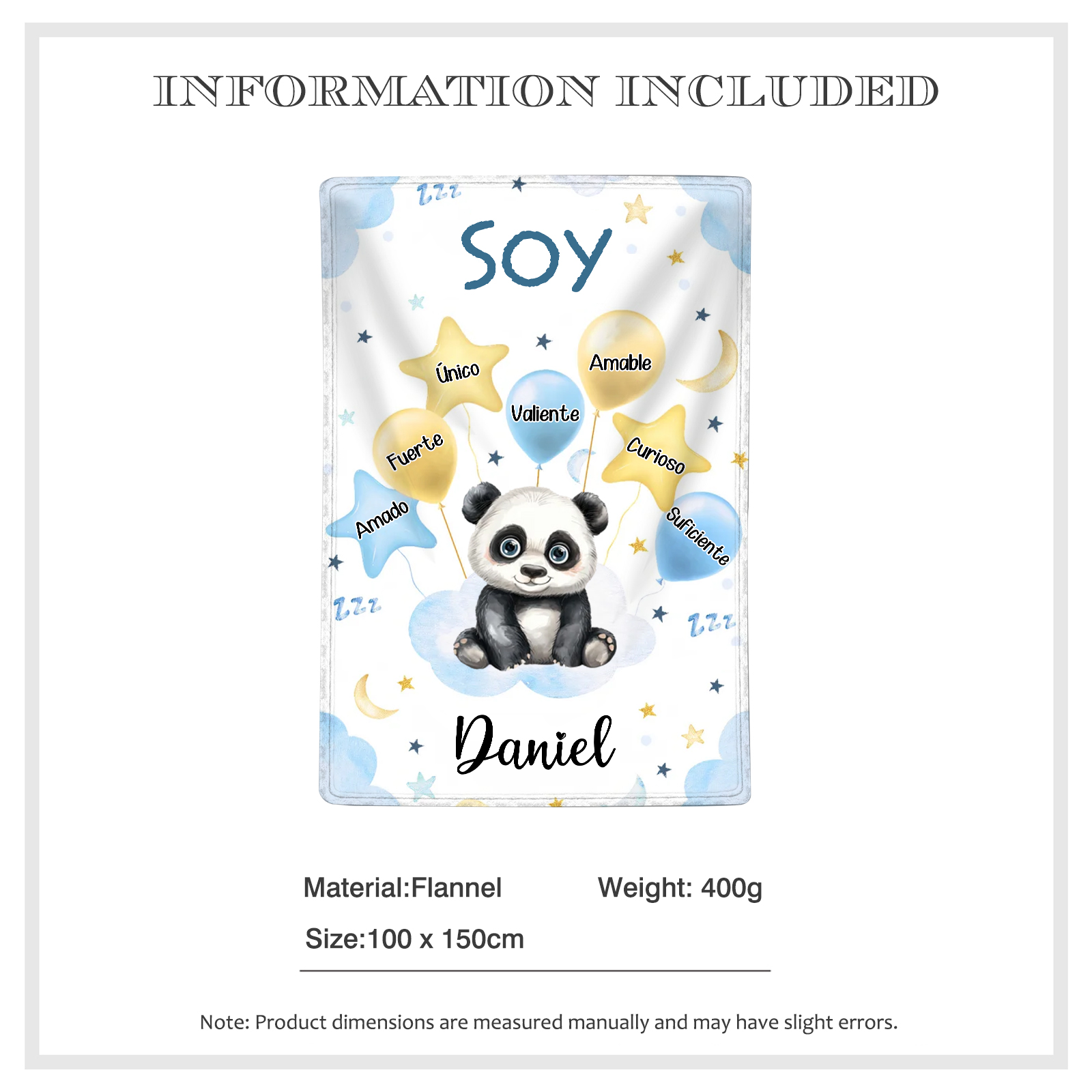 Manta azul de buen calidad para niño con animales personalizada con 1 nombre | Jessemade