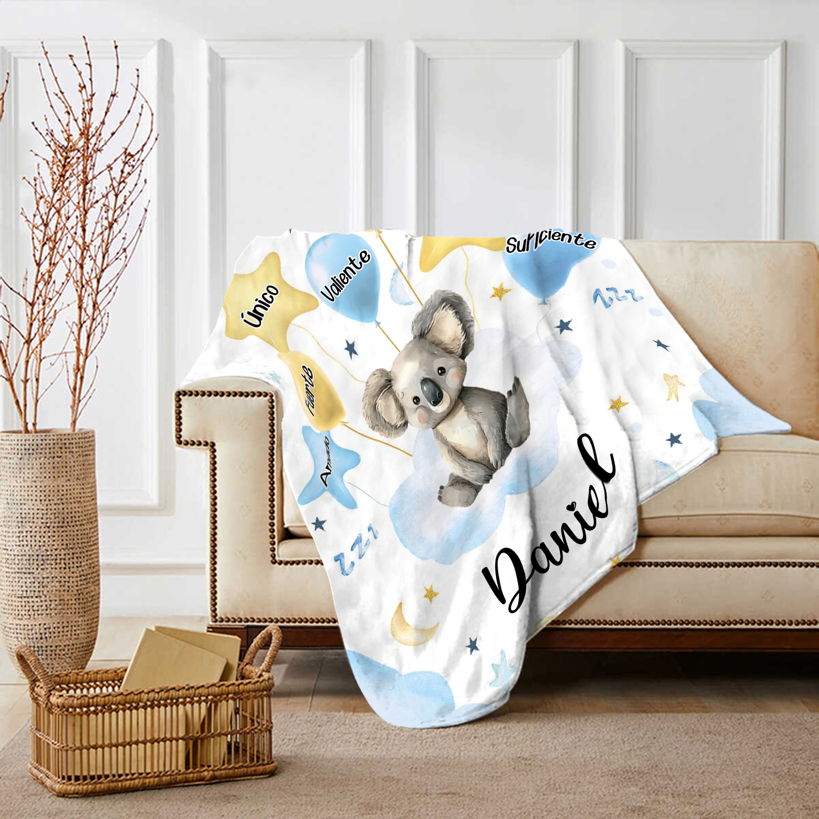 Manta azul de buen calidad para niño con animales personalizada con 1 nombre | Jessemade