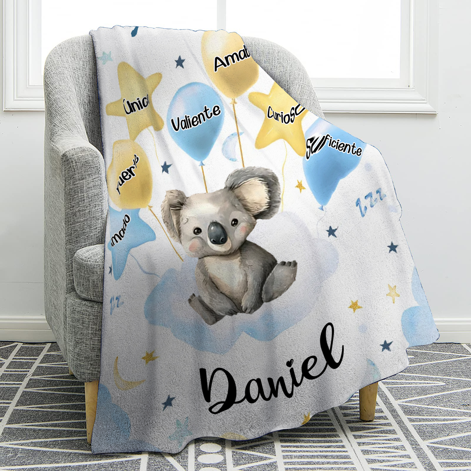 Manta azul de buen calidad para niño con animales personalizada con 1 nombre | Jessemade