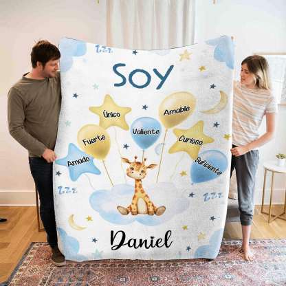 Manta azul de buen calidad para niño con animales personalizada con 1 nombre | Jessemade