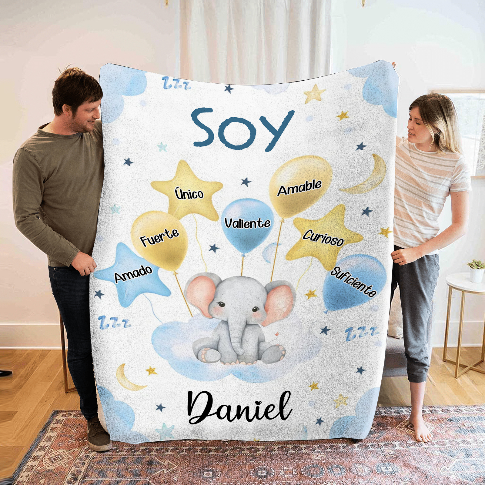 Manta azul de buen calidad para niño con animales personalizada con 1 nombre | Jessemade