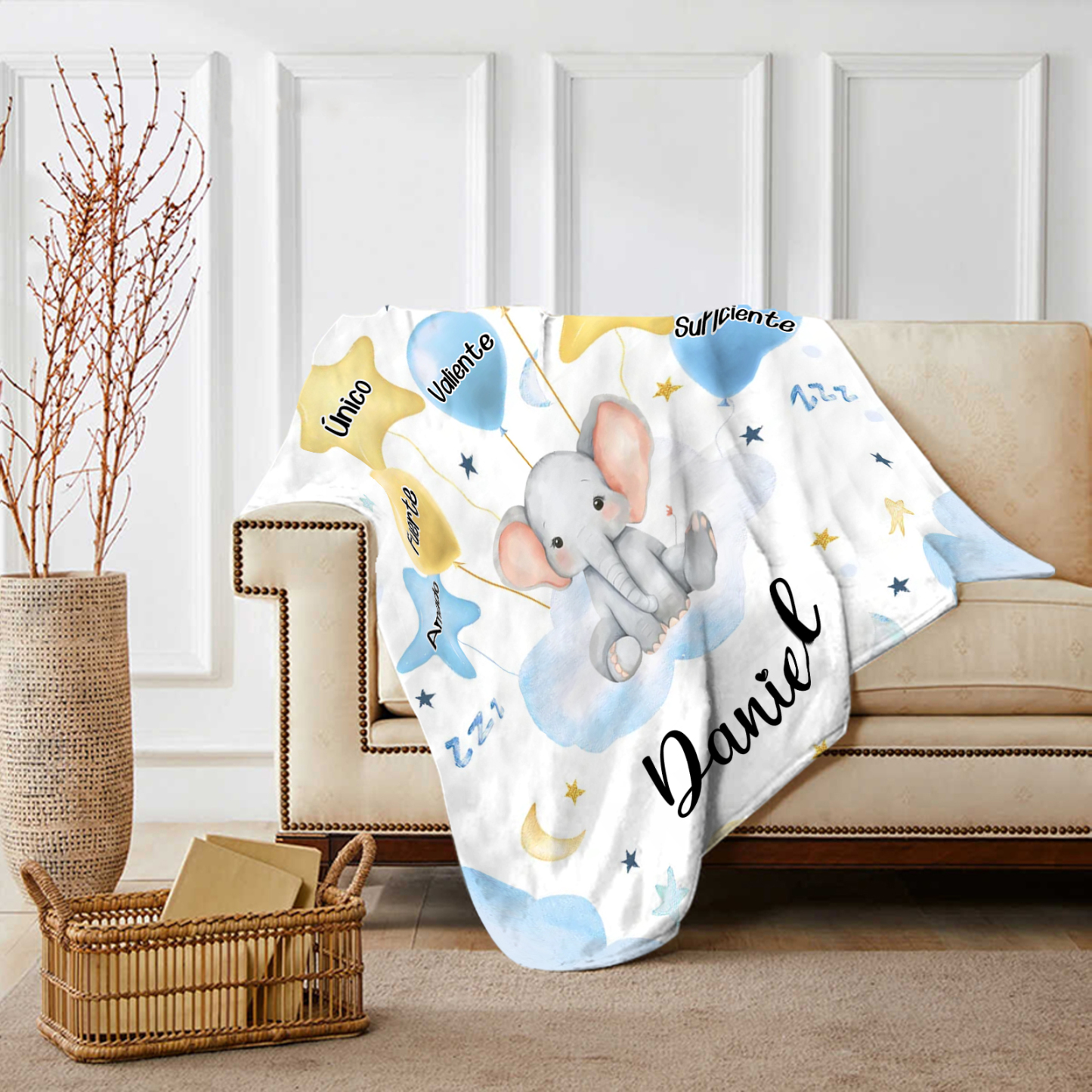 Manta azul de buen calidad para niño con animales personalizada con 1 nombre | Jessemade