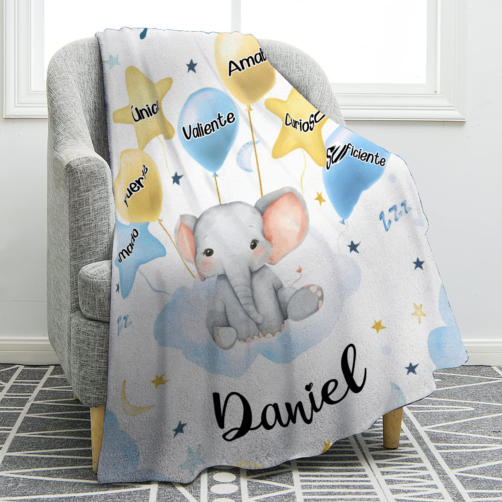 Manta azul de buen calidad para niño con animales personalizada con 1 nombre | Jessemade