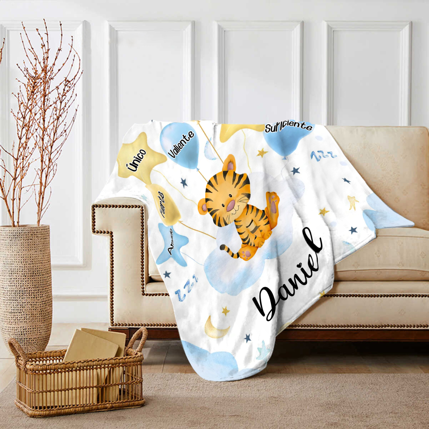 Manta azul de buen calidad para niño con animales personalizada con 1 nombre | Jessemade