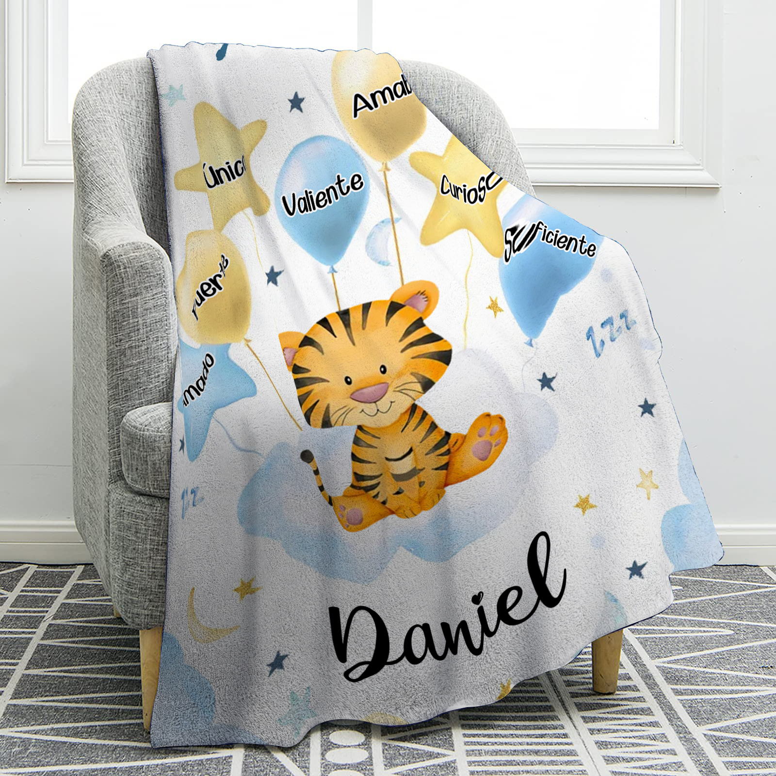 Manta azul de buen calidad para niño con animales personalizada con 1 nombre | Jessemade