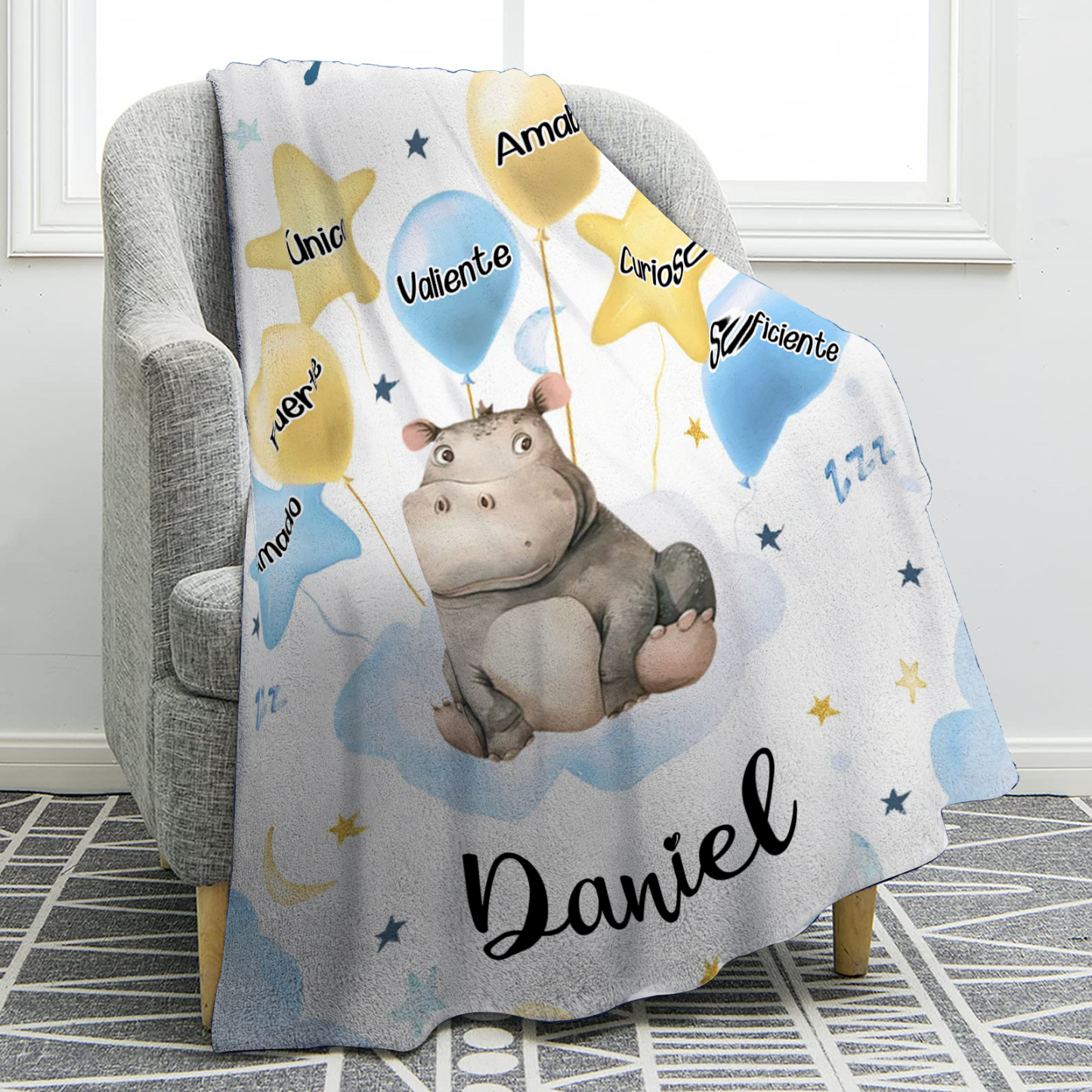 Manta azul de buen calidad para niño con animales personalizada con 1 nombre | Jessemade